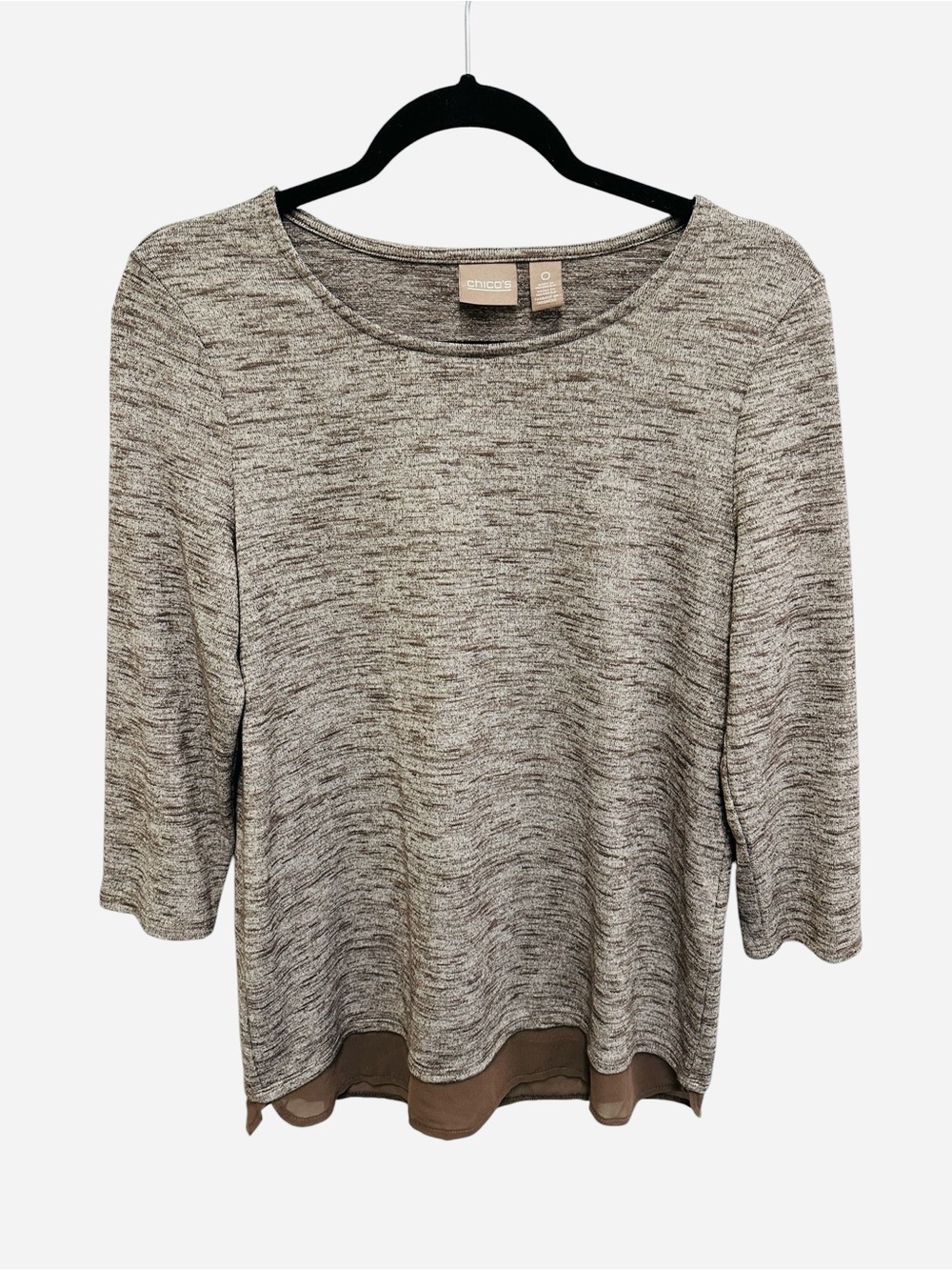 Chico’s heathered brown shimmer metallic pull over top with chiffon hem Size S